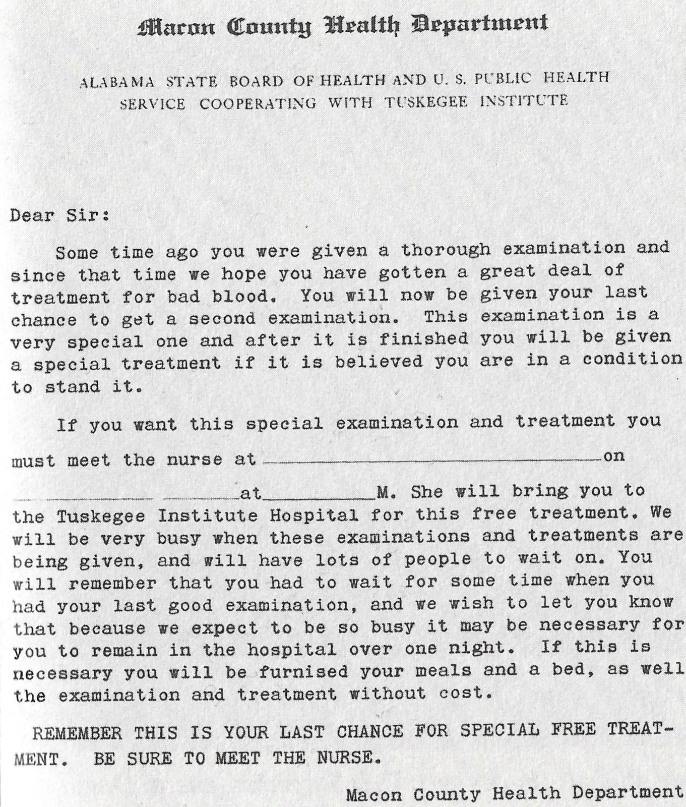 Letter inviting Participants of the Tuskegee Syphilis study to attend for "special treatment" which was actually a diagnostic spinal tap. US government material.