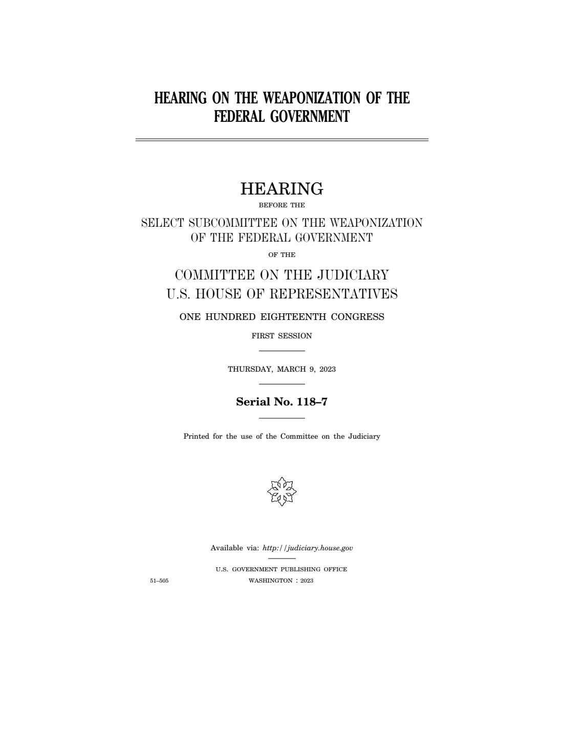 Cover of the March 9, 2023 House Twitter Files hearing transcript. An official hearing record, not a judicial finding.
