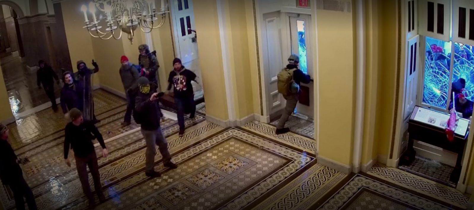 The initial Capitol breach on January 6, 2021, recorded by a security camera.