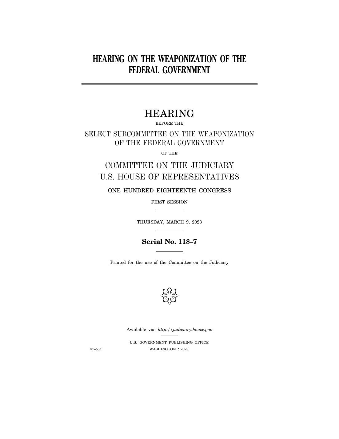 The cover of the transcript of the March 9, 2023 House hearing on the Twitter Files.