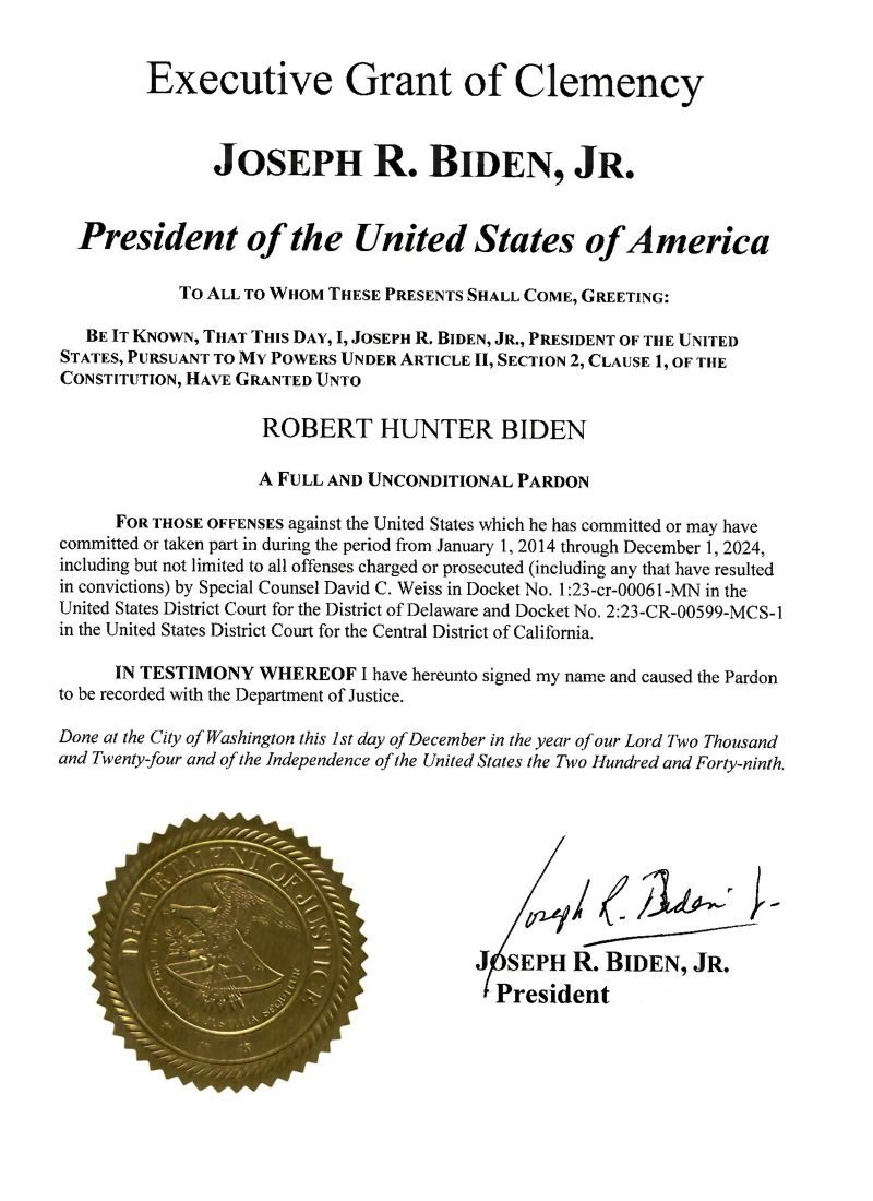 President Biden’s pardon of Hunter Biden, 1 December 2024.