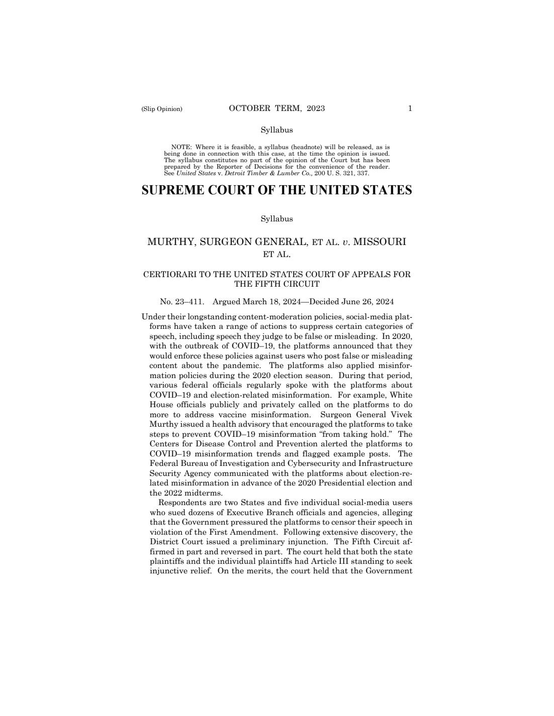 The first page of the syllabus in Murthy v. Missouri, 26 June 2024.