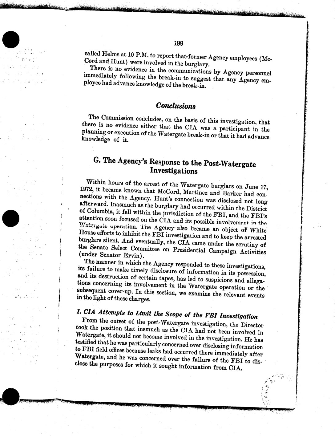 Rockefeller Commission report, printed page 199 (1975), discussing CIA relations and stating its finding on the Watergate burglary.