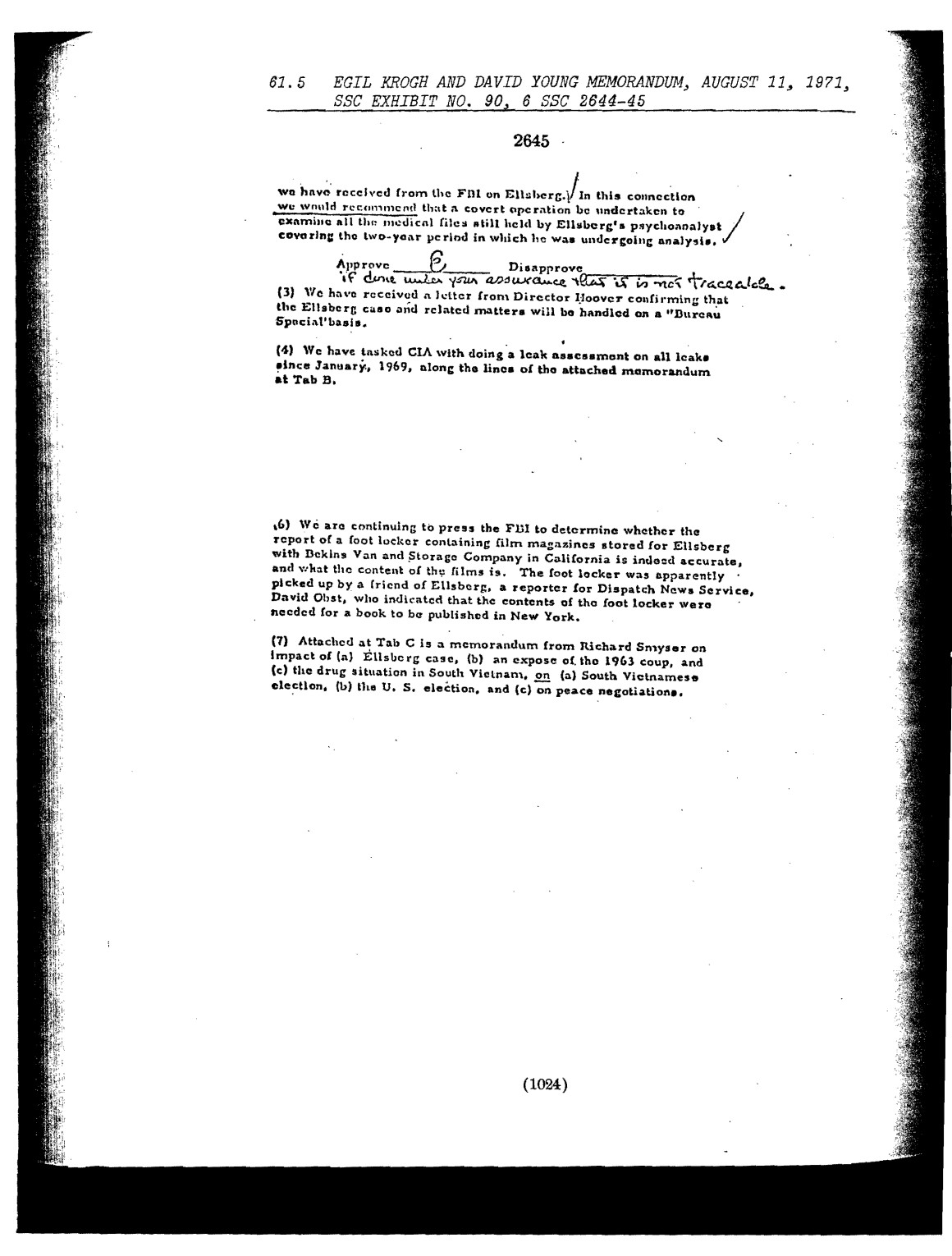 Final page of the 1971 Krogh–Young memorandum proposing a covert examination of Ellsberg’s psychiatrist’s files. A document facsimile, not a reconstruction.
