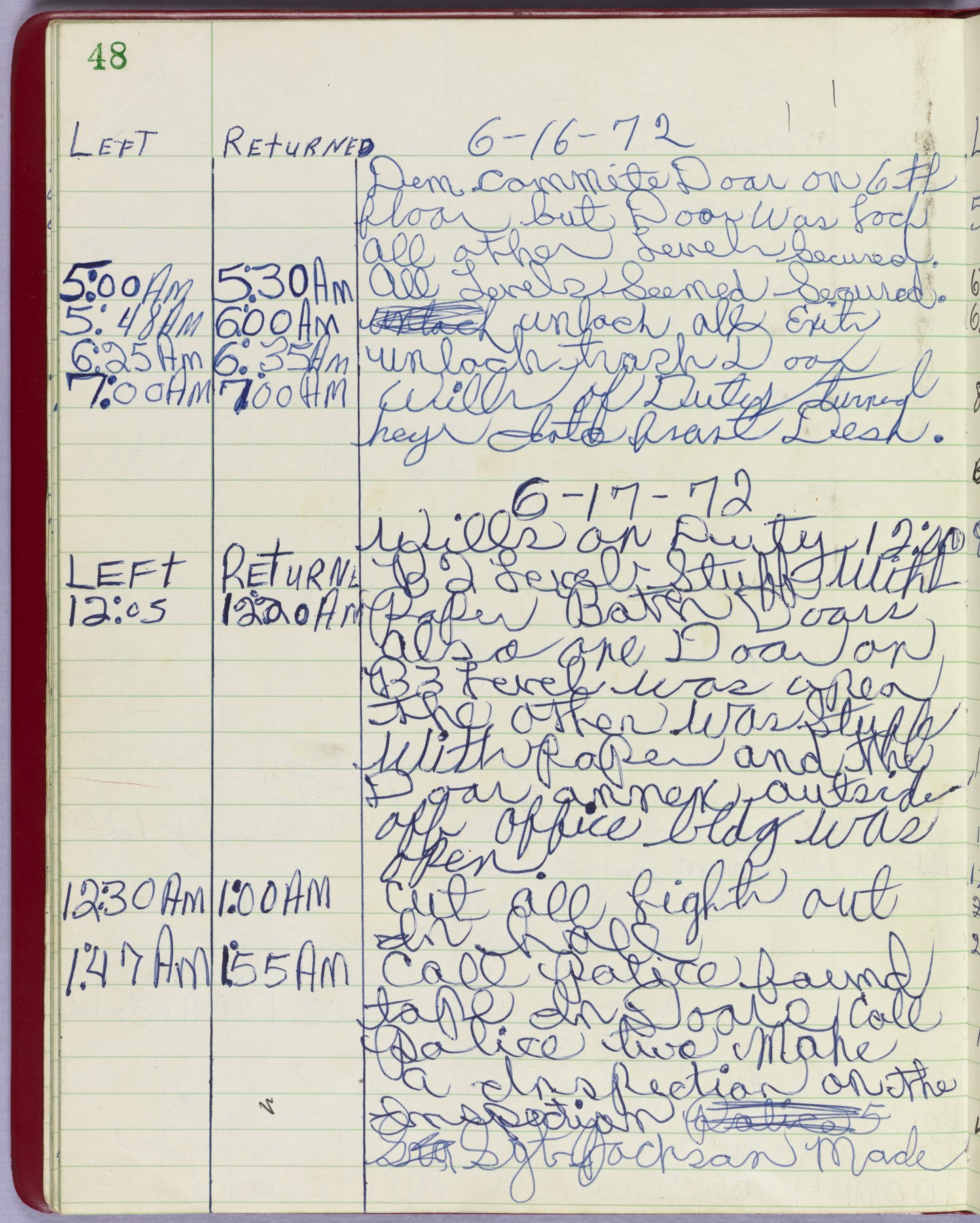 Security officer’s log for the Watergate office building, June 17, 1972. Complete first page of the archival reproduction.