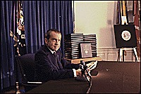 Richard Nixon presents edited White House tape transcripts, April 29, 1974. Official archival image at its available resolution; not a newsroom photograph.