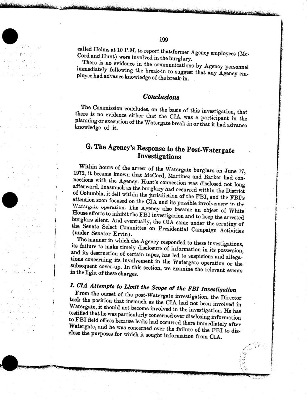 Rockefeller Commission report, printed page 199 (1975), discussing CIA relations and stating its finding on the Watergate burglary.