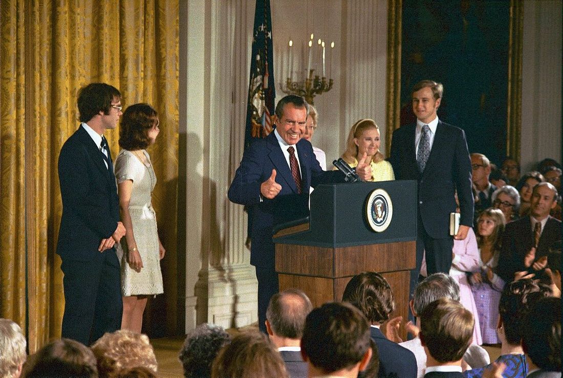 Nixon says farewell to the White House staff in the East Room, 9 August 1974.