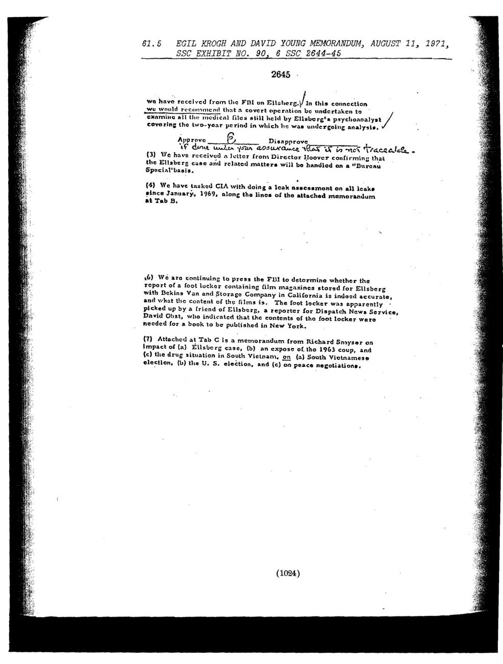 Final page of the 1971 Krogh–Young memorandum proposing a covert examination of Ellsberg’s psychiatrist’s files. A document facsimile, not a reconstruction.
