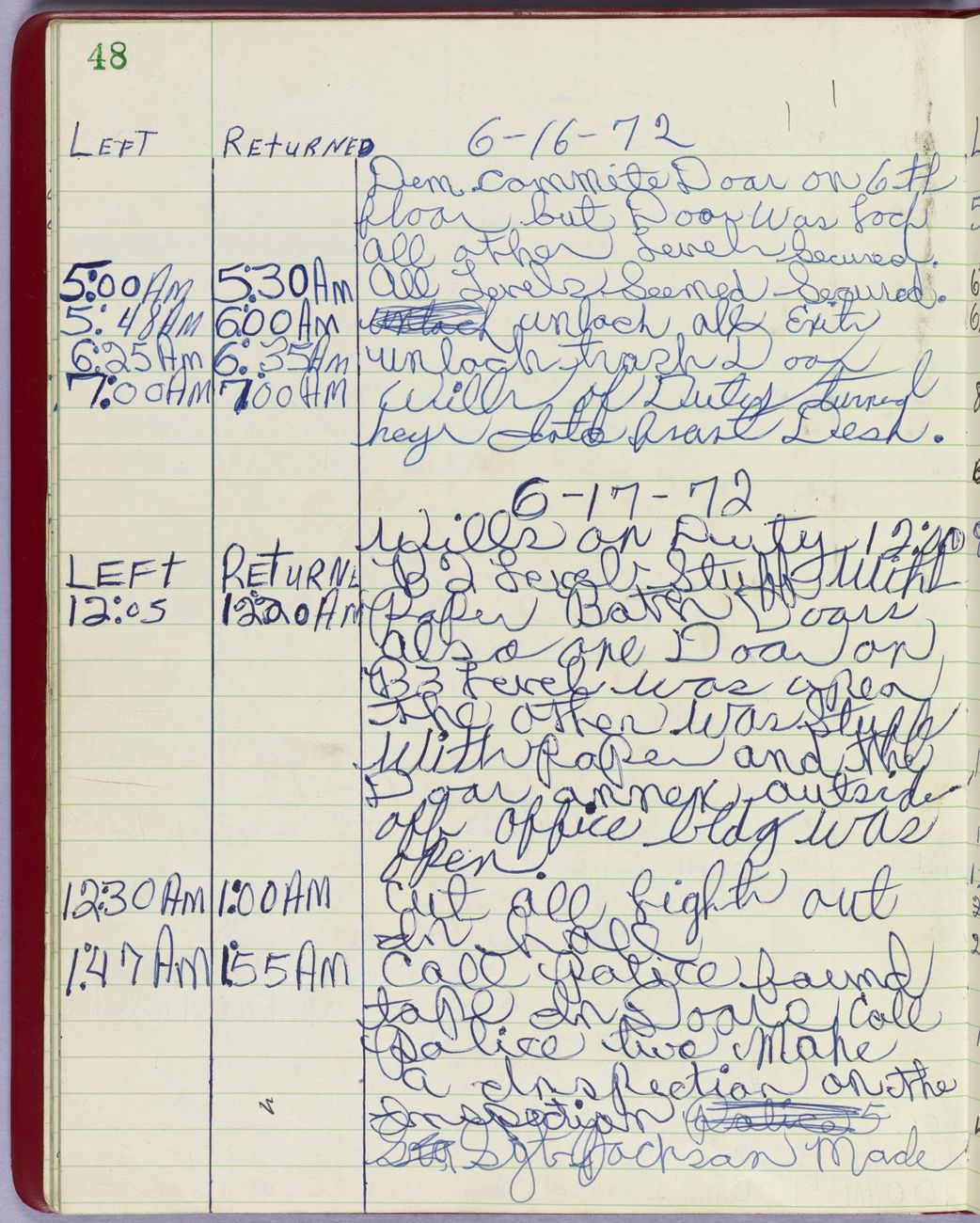 Security officer’s log for the Watergate office building, June 17, 1972. Complete first page of the archival reproduction.