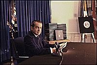Richard Nixon presents edited White House tape transcripts, April 29, 1974. Official archival image at its available resolution; not a newsroom photograph.