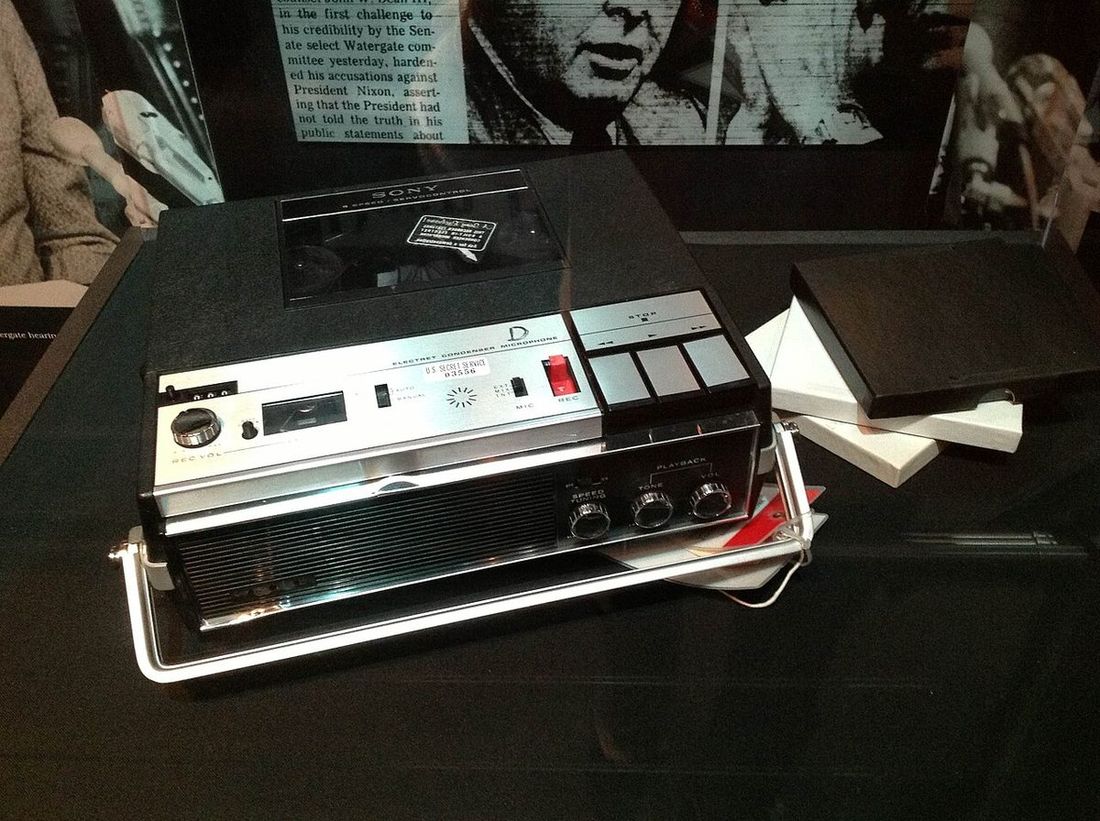 A tape recorder from Nixon’s Oval Office, on display at the Nixon Library (photographed 2012).