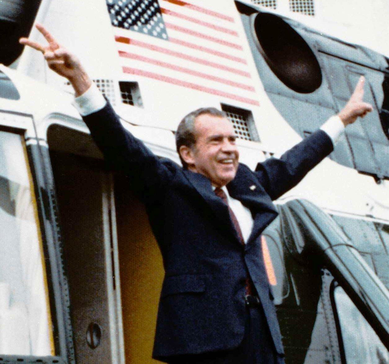 Richard Nixon departs the White House on August 9, 1974 after resigning. The source is a crop of an official White House photograph.