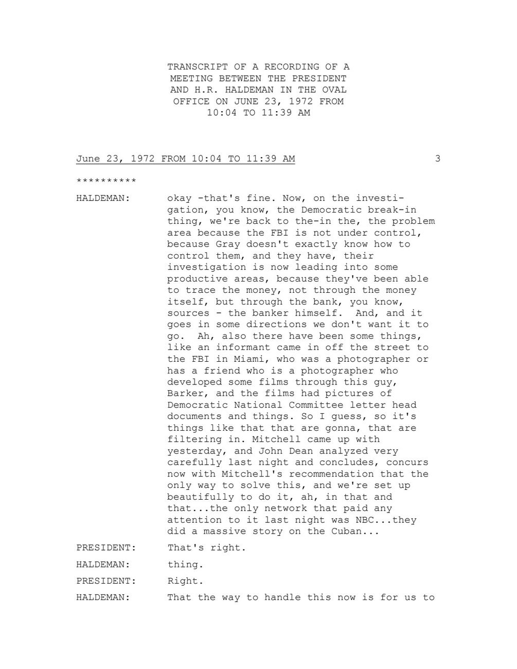 Government Exhibit 1: transcript of the June 23, 1972 Nixon–Haldeman conversation. Complete opening page; the linked original provides the rest.