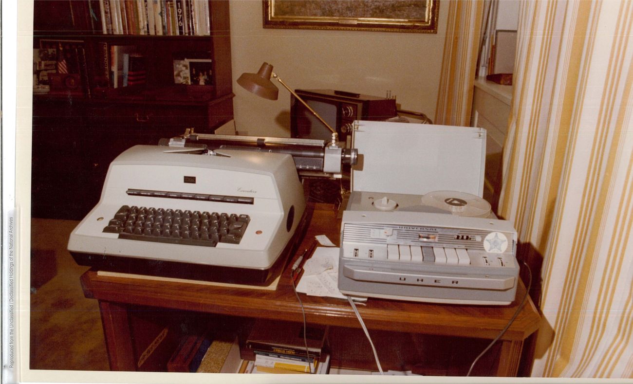 Trial exhibit photograph of tape-recorder and typewriter equipment, 1973–1974. Evidence from the tape-gap inquiry.