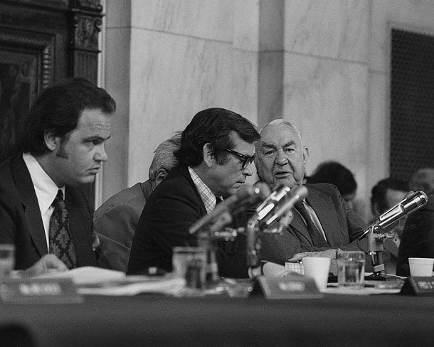 Fred Thompson, Howard Baker and Sam Ervin at the Senate Watergate hearings, 1973.
