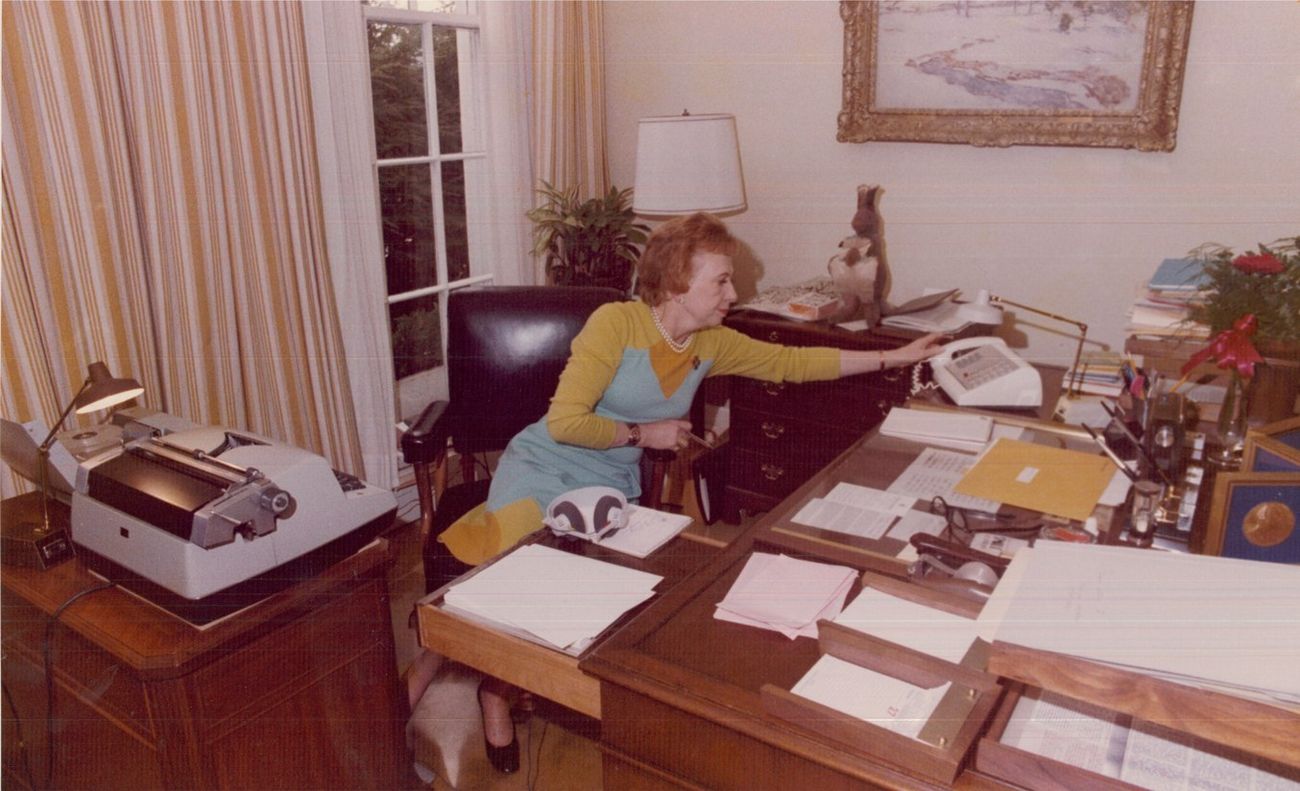 Exhibit 73: Rose Mary Woods in her office, 1973–1974. The photograph does not establish responsibility for the entire erased tape segment.