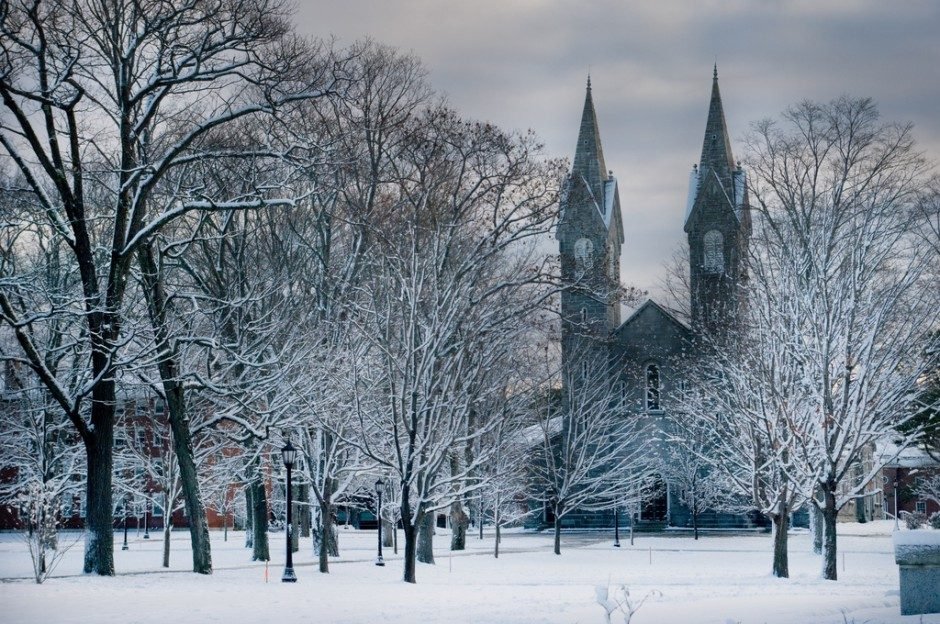 Bowdoin College chapel in winter.